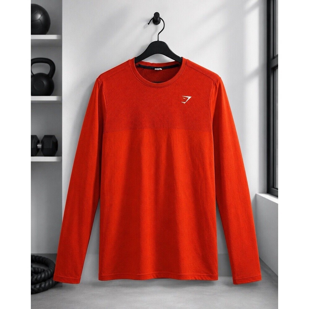Gymshark Men’s Approx L Red Orange Long Sleeve Mesh Athletic Training Shirt